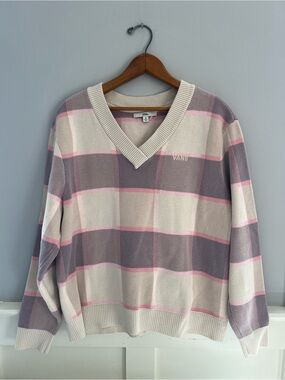 Vans Plaid V Neck Sweater Pink Cream Cotton Oversized Pullover M